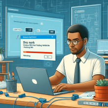 A digital illustration for a blog post titled 'Windows DNS Not Finding Website Joining VPN'. The scene shows a professional environment with a network engineer, a middle-aged Black man wearing glasses and a polo shirt, troubleshooting on a Windows laptop. The laptop screen displays DNS error messages and VPN settings. Around him are network diagrams and Ethernet cables, reflecting the complexity of networking issues. The setting is an office with technical books and a whiteboard with network diagrams.