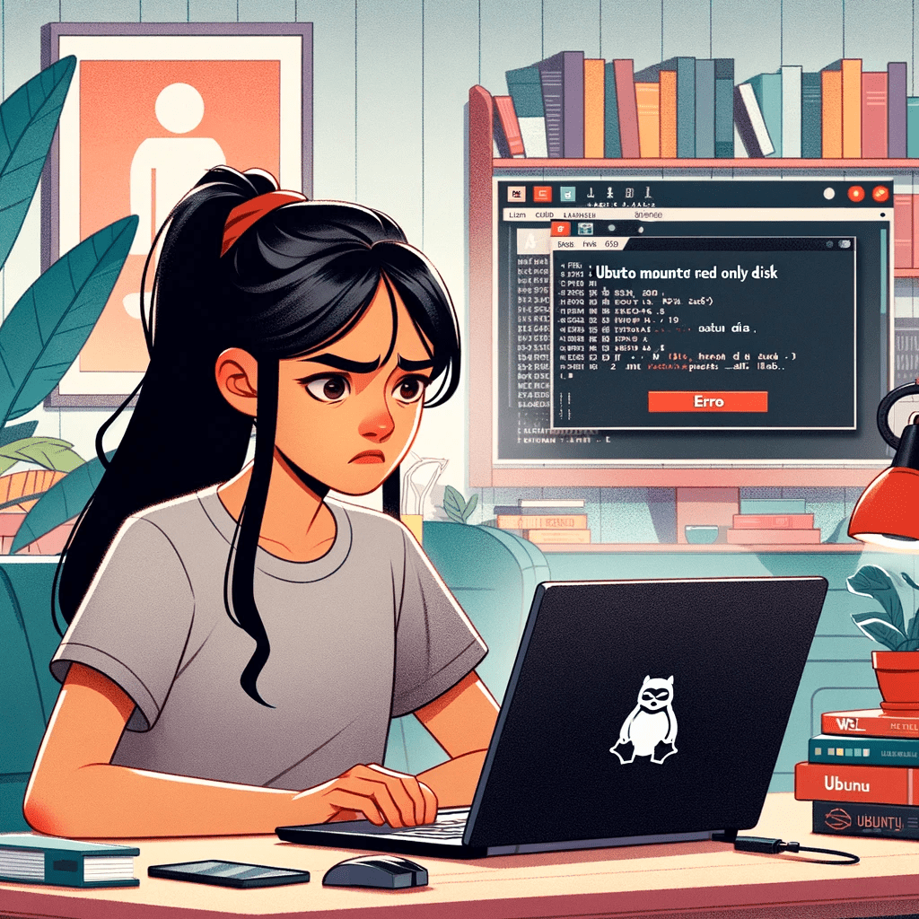 A digital illustration for a blog post titled 'WSL - Ubuntu mounted read-only disk issue'. The scene depicts a frustrated developer, a young South Asian woman, in a home office setting looking at her laptop screen displaying an error message about a read-only disk. She has long black hair tied in a ponytail and is wearing casual attire. The environment includes technical books, a plant, and Ubuntu and WSL logos visible in the background, emphasizing the software development context.