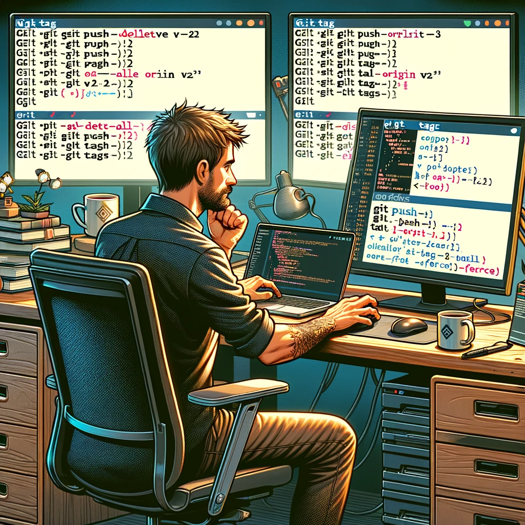 A digital illustration for a blog article featuring a developer sitting at a computer, manipulating Git tags. The scene shows a modern office environment with dual monitors displaying command line interfaces, one showing 'git push --delete origin v2.2' and the other 'git fetch --all --tags --force'. The developer, a middle-aged Caucasian man with short brown hair, is focused on his screen, surrounded by coding books and a coffee cup on his desk. The overall mood is of concentration and technology at work.